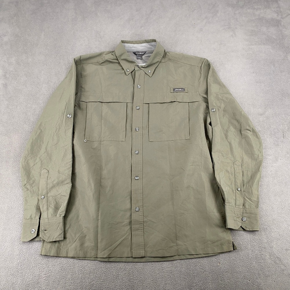 Eddie Bauer Mens Large Olive Green Long Sleeve Vented Fishing Hiking Shirt